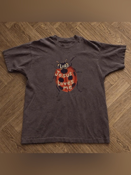 Tops - Short Sleeve Tee - Brown 'Jesus Loves Me' Ladybug Graphic